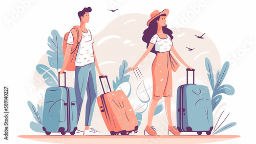 Illustration of a family going on a holiday trip. Concept of travel and tourism promotion and advertisement.