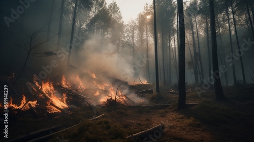 Forest fire in the forest. The concept of disaster and ecology,Burning dry grass and trees in the forest.Generative Ai © Rudsaphon