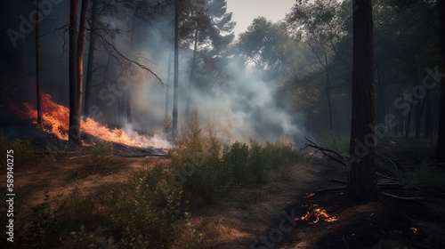 Forest fire in the forest. The concept of disaster and ecology Burning dry grass and trees in the forest.Generative Ai