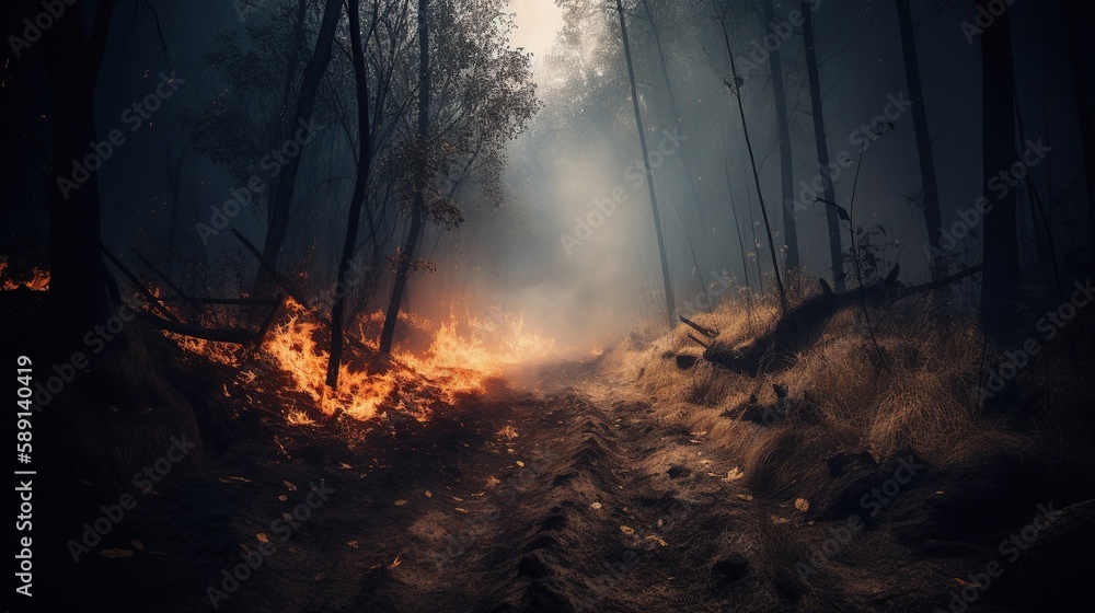Forest fire in the forest. The concept of disaster and ecology,Burning dry grass and trees in the forest.Generative Ai Forest fire in the forest. The concept of disaster and ecology,Burning dry grass and trees in the forest.Generative Ai