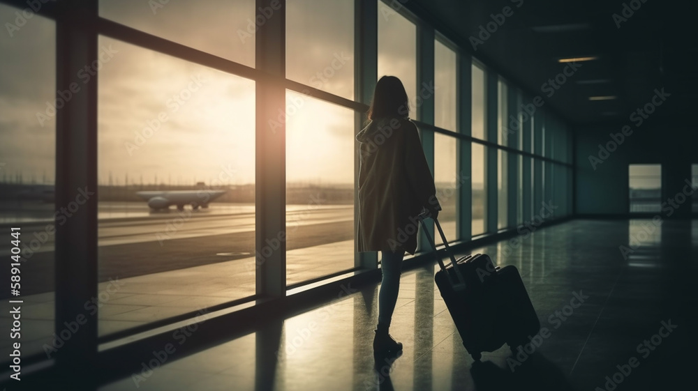 Woman on airport with luggage and baggage at sunset.