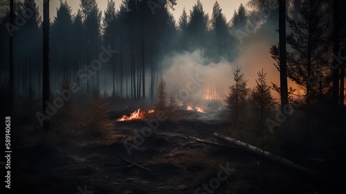 Forest fire in the forest. The concept of disaster and ecology Burning dry grass and trees in the forest.Generative Ai