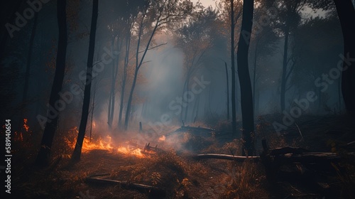 Forest fire in the forest. The concept of disaster and ecology,Burning dry grass and trees in the forest.Generative Ai