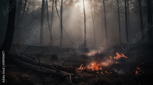 Forest fire in the forest. The concept of disaster and ecology,Burning dry grass and trees in the forest.Generative Ai