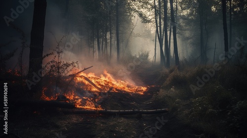 Forest fire in the forest. The concept of disaster and ecology,Burning dry grass and trees in the forest.Generative Ai