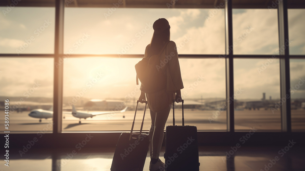 Woman on airport with luggage and baggage at sunset.