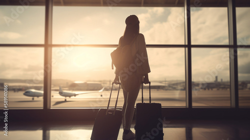 Woman on airport with luggage and baggage at sunset. © Artofinnovation