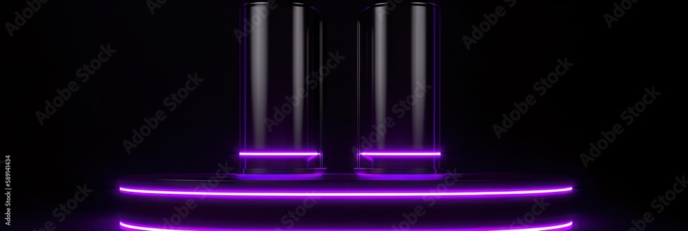 A neon podium on a black background. Podium for promotion brand. Empty stage for product presentation or fashion show performance, pedestal in nightclub dance floor glowing in darkness. Generate AI A neon podium on a black background. Podium for promotion brand. Empty stage for product presentation or fashion show performance, pedestal in nightclub dance floor glowing in darkness. Generate AI