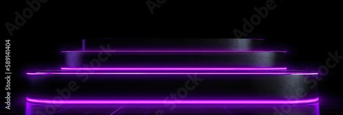 A neon podium on a black background. Podium for promotion brand. Empty stage for product presentation or fashion show performance, pedestal in nightclub dance floor glowing in darkness.Generate AI