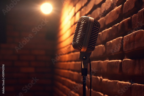 Generative AI image of a retro podcast microphone on a bricks background with advertising space