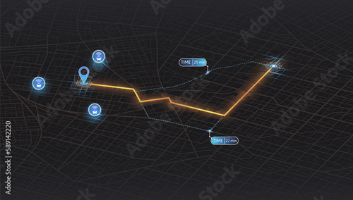 Isometric, futuristic navigate map. Location tracks dashboard. City street road. City streets and blocks, route distance data, path turns and destination tag or mark. Huge city top view.