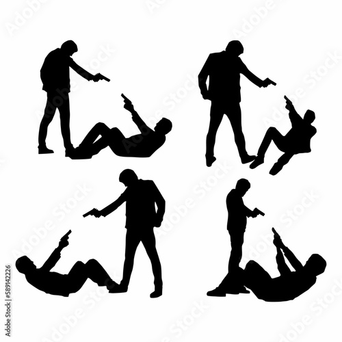 vector set of silhouettes of men pointing guns, men in action 