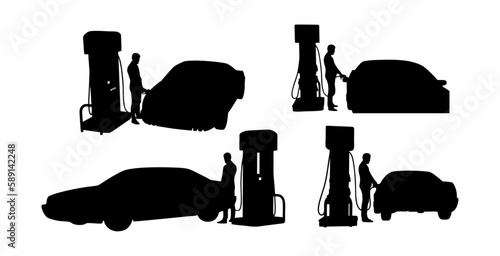 vector set of silhouettes of men filling up car gas