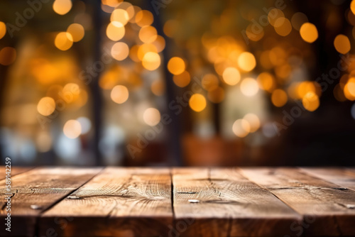 Empty wooden table with garden bokeh