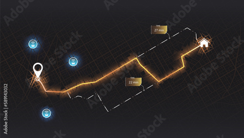 Gps map navigation to own house with smartphone app. Location mark and automobile sign. Passenger location sharing for driver. Isolated connected vehicle remote data monitoring. Autonomous online car.