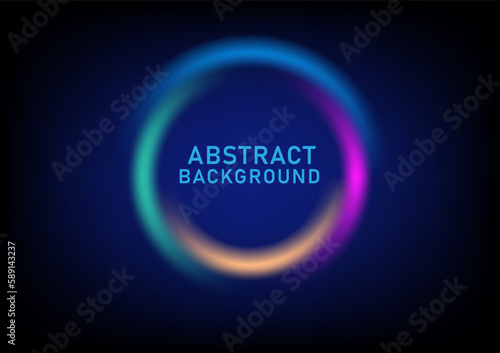 Abstract circle technology background made from curved lines. Bright multicolored laser light glows. In the middle there is space for letters. blue gradient background