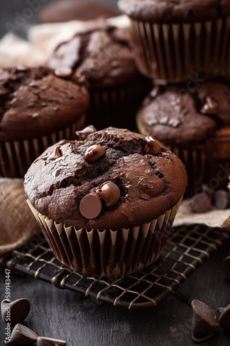 Chocolate muffins on gray wooden tray