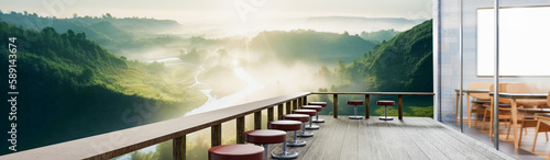 A restaurant or coffee shop has a mountainous landscape and some morning mist. The sunlight on the top of the hill. Balcony or terrace Plank floors and long tables made of wood and timber.3d Rendering © Superrider