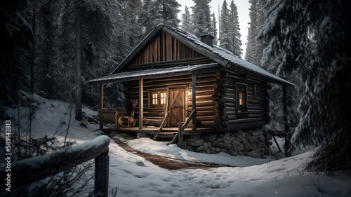 Rustic cabin in the woods during winter, surrounded by snow-covered trees and mountains. © Melipo-Art