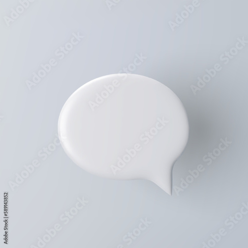 3D white speech bubble icon on a grey background.