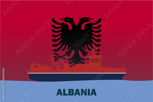 Sea transport with Albania flag, bulk carrier or big ship on sea, cargo and logistics