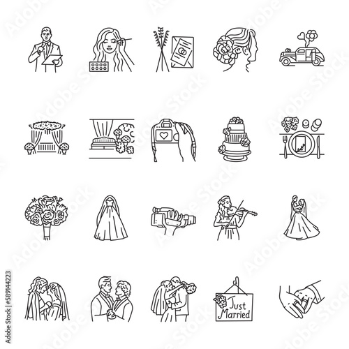 Wedding agency black line icons set.