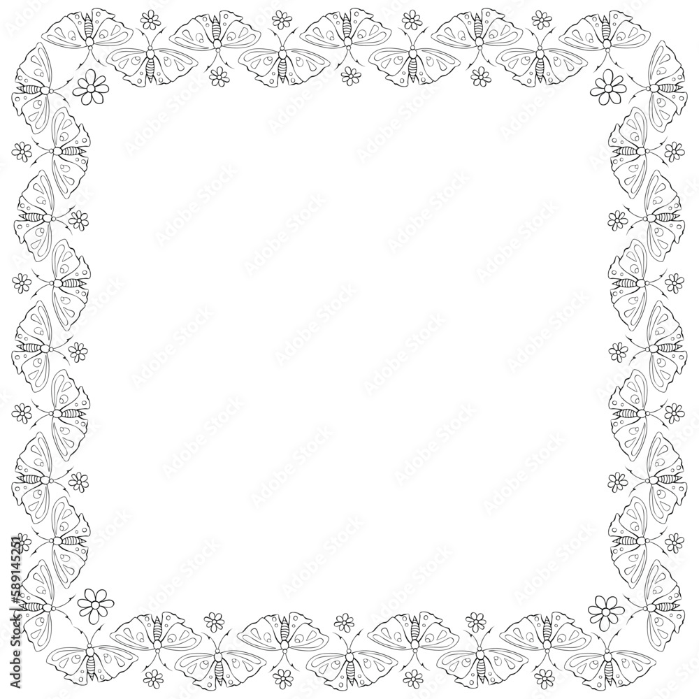 Vector square frame, border from contoured cute butterflys and flowers in doodle style. Simple background, decoration of topic of spring, summer, holiday postcard, coloring page, kids or nature design