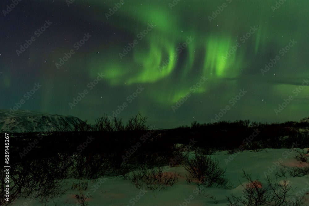 imagen de un paisaje nocturno nevado, con una aurora boreal en el cielo nocturno de Islandia 