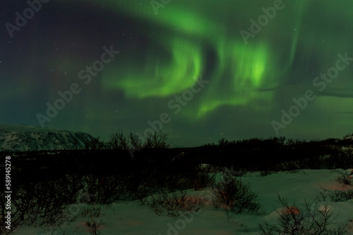 imagen de un paisaje nocturno nevado con una aurora boreal en el cielo de Islandia