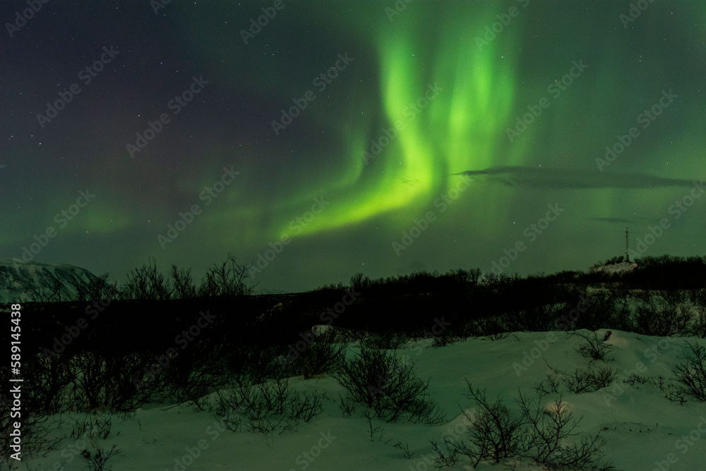 imagen de un paisaje nevado nocturno con montañas al fondo y una aurora boreal sobre el cielo de Islandia 