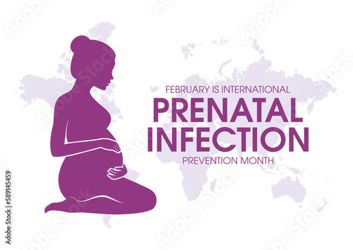 February is International Prenatal Infection Prevention Month vector. Profile view attractive pregnant kneeling woman purple silhouette icon vector. Important day