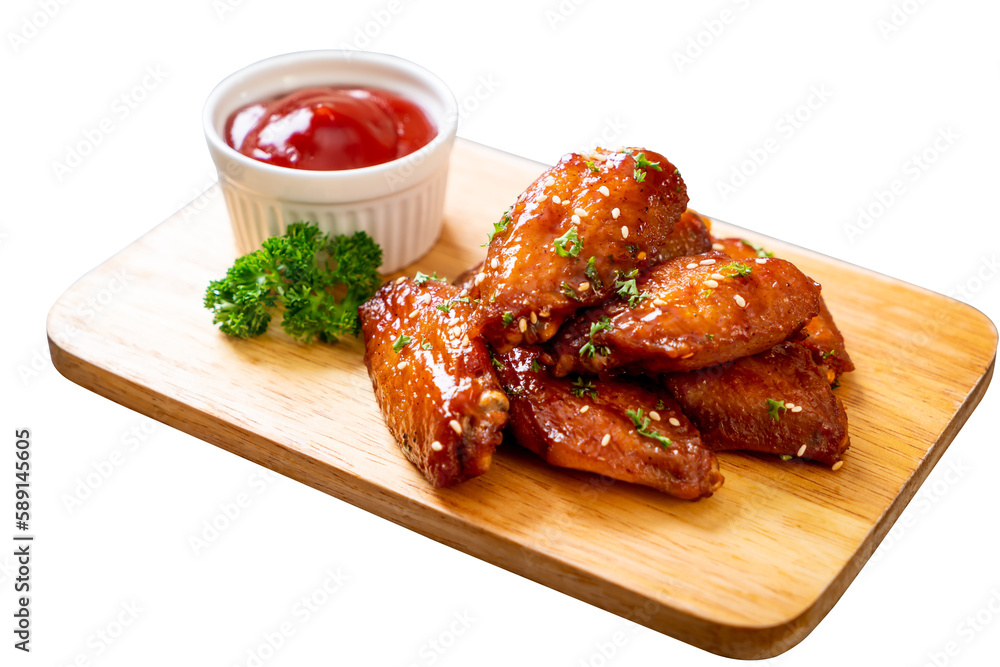 barbecue chicken wings with tomato sauce png image _ fast food image _ Indian food image _ naga wings in isolated white back ground  - obrazy, fototapety, plakaty 