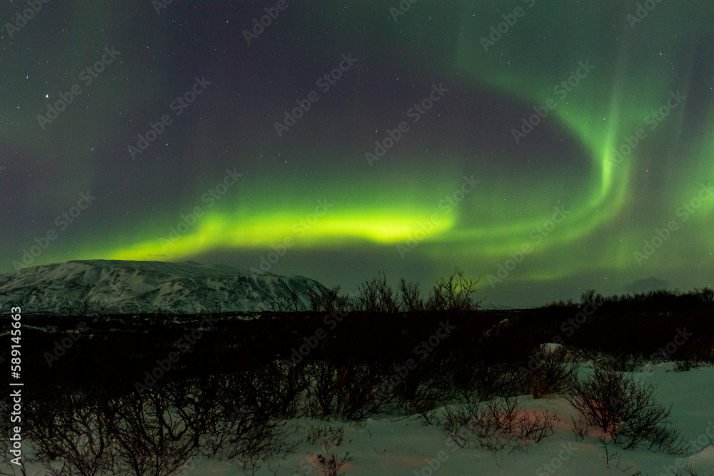 imagen de un paisaje nocturno nevado con montañas al fondo y una aurora boreal en el cielo 