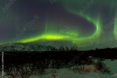 imagen de un paisaje nocturno nevado  con monta  as de fondo  y una aurora boreal sobre el cielo de Islandia 