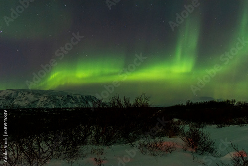 Wallpaper Mural imagen de un paisaje nocturno nevado con las montañas de fondo y una aurora boreal en el cielo de Islandia  Torontodigital.ca