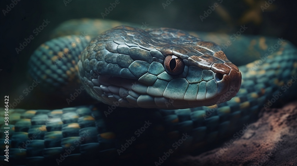 Fototapeta premium Serpent's Gaze: Realistic Blue Snake Illustration, Generative AI