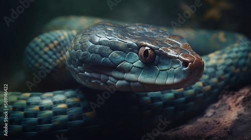 Serpent's Gaze: Realistic Blue Snake Illustration, Generative AI