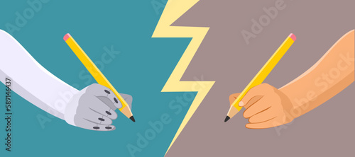 Vector illustration of human and robot hand with pencil on a competition. Lightning dividing two arms artificial intelligence vs man concept