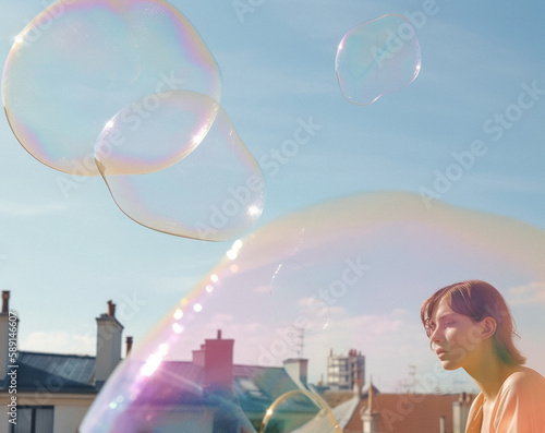 A young beautiful girl on a balcony with giant soap bubbles in the city center with a view of the architecture of the city and the street. Generative AI.
