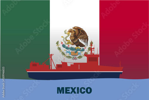 Sea transport with Mexico flag, bulk carrier or big ship on sea, cargo and logistics