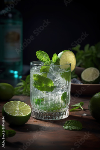 Mojito cocktail or mocktail with lime, mint, and ice in glass