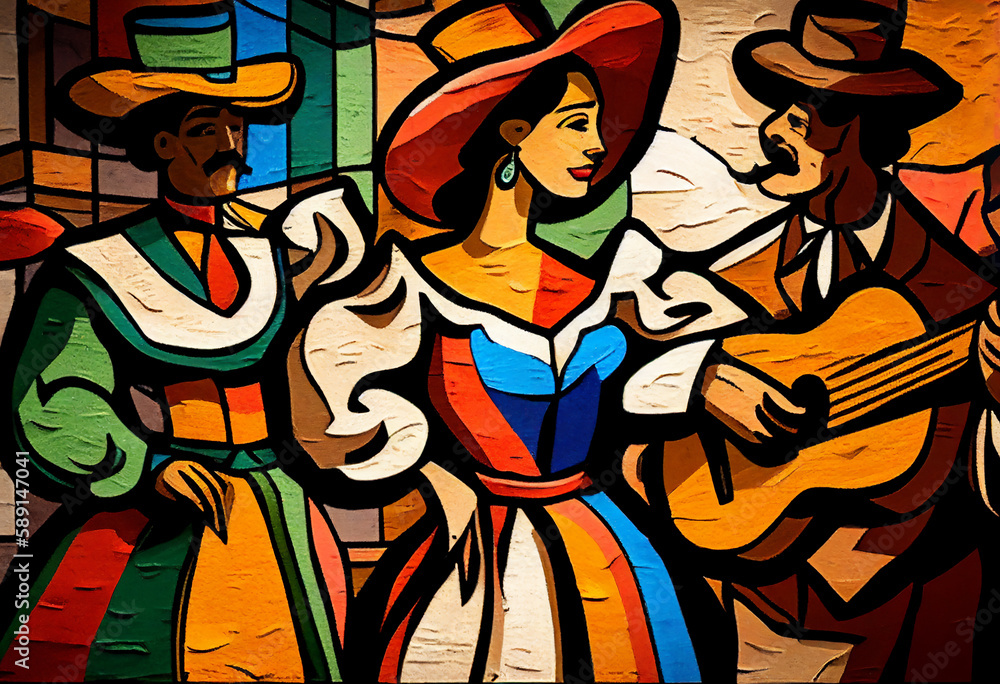 Mexican Flamenco dancers celebrating Cinco de Mayo which is Mexico independence day in an abstract cubist style painting for a poster or flyer, computer Generative AI stock illustration image - obrazy, fototapety, plakaty 
