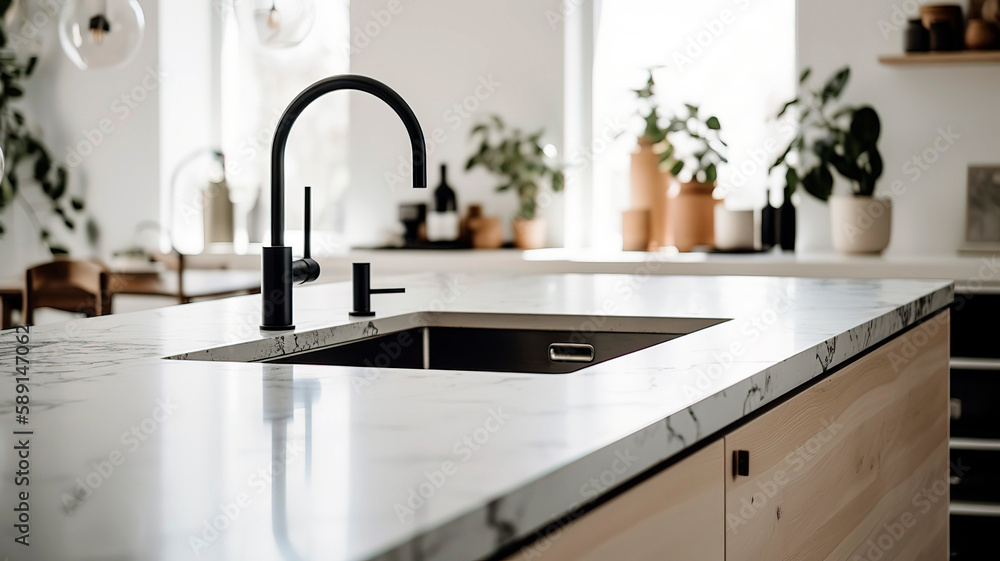 Minimalist and elegant kitchen with a white countertop, a sink, and a faucet, natural light. Minimalist and elegant kitchen with a white countertop, a sink, and a faucet, natural light.