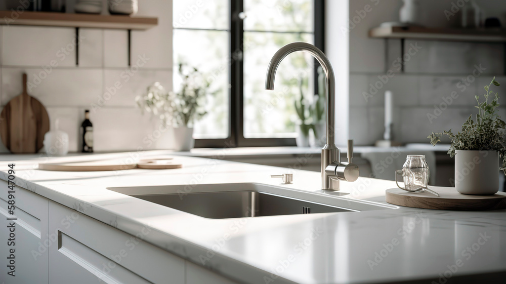 Minimalist and elegant kitchen with a white countertop, a sink, and a faucet, natural light. Minimalist and elegant kitchen with a white countertop, a sink, and a faucet, natural light.