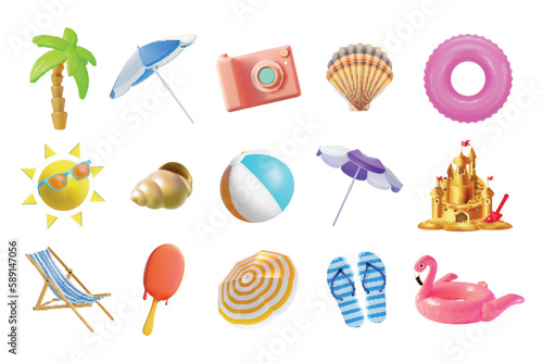 Summer Travel and Tourism Concept Element Plasticine Cartoon Style Set Include of Sun, Umbrella and Ball. Vector illustration