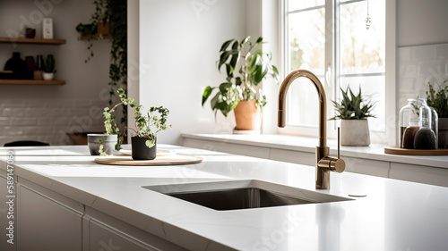 Minimalist and elegant kitchen with a white countertop  a sink  and a faucet  natural light.