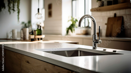 Minimalist and elegant kitchen with a white countertop  a sink  and a faucet  natural light.