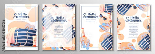 Flyer set with beach bag and accessories. Summer time, hello summer, beach vibe. Discount banner, promotion, advertising.