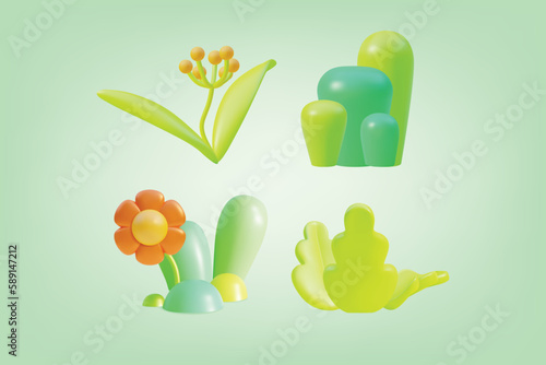 Summertime Concept Element Set Plasticine Cartoon Style Include of Flower and Shrub or Bush. Vector illustration