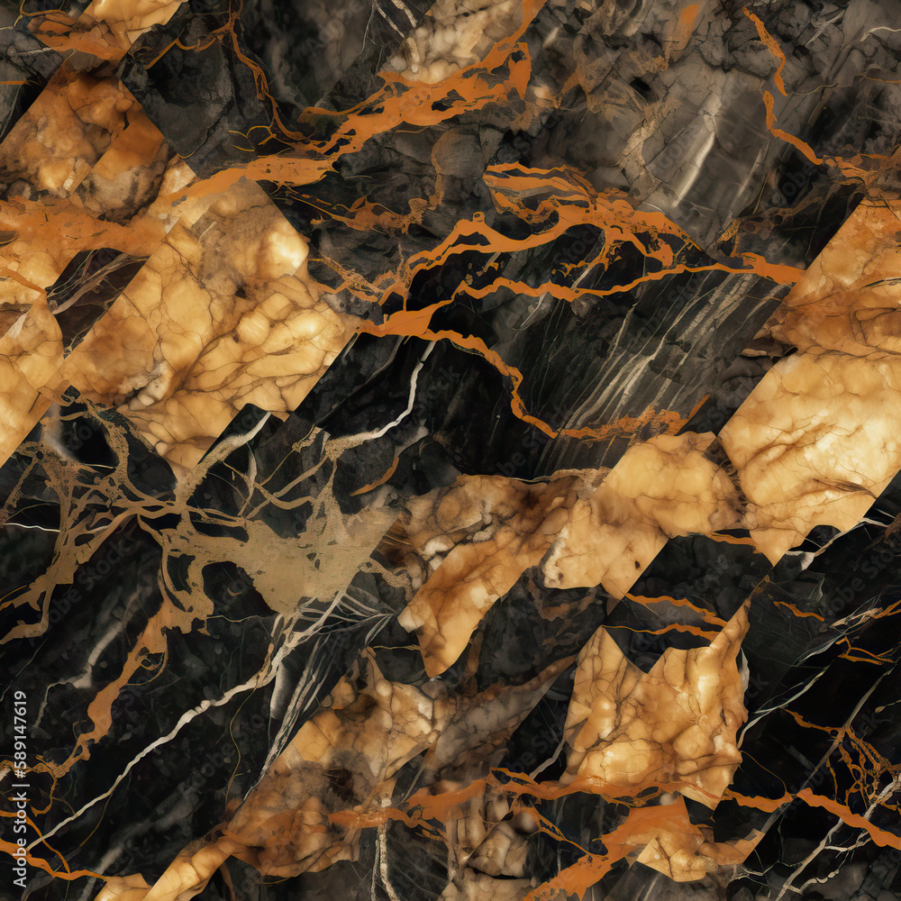 Seamless texture pattern of liquid gold and ebony black marble, generative AI